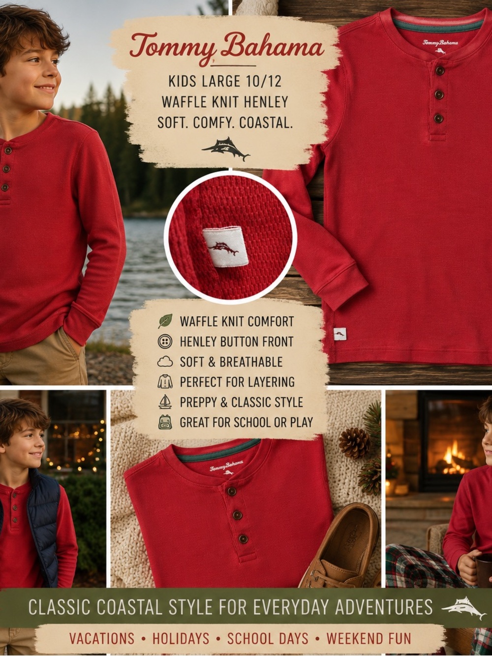Tommy Bahama Shirt Kids Large 10/12 Red Waffle Knit Henley Long Sleeve Coastal